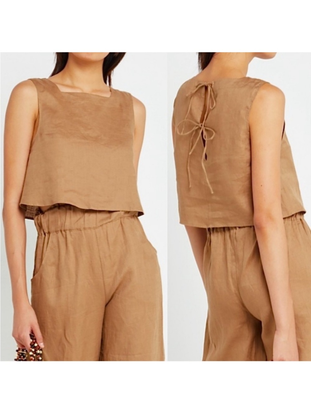 Few Moda Coffee Brown Cotton Back Tie Crop Sleeveless Top NEW